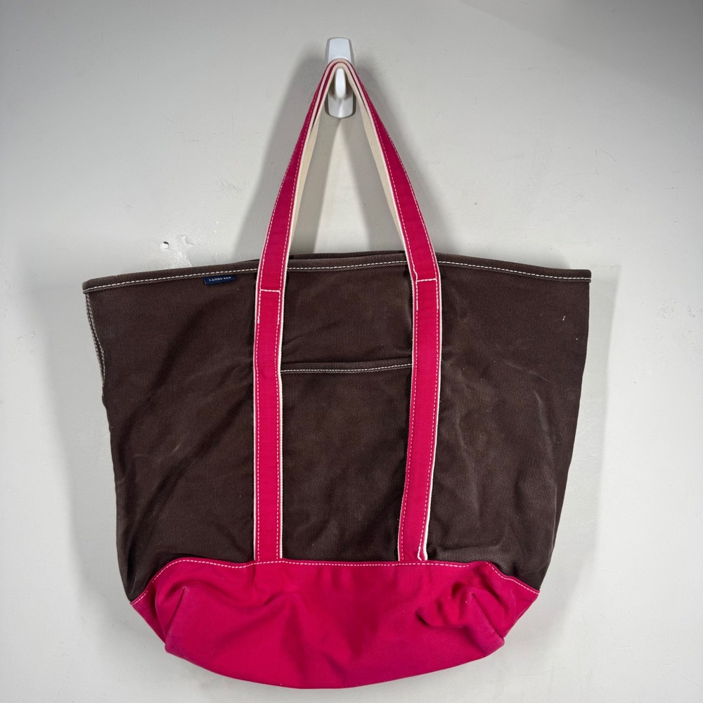 Lands End Brown Pink Canvas Tote Bag Colorblock Large Cotton Carryall 386290